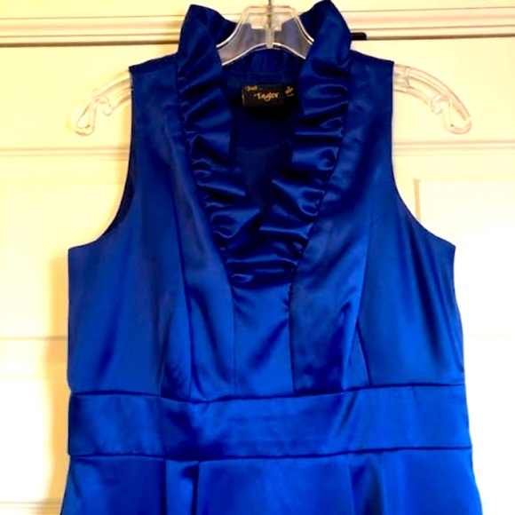 New JUST TAYLOR Royal Blue Satin Formal Dress Sleeveless Ruffle Pleat Collar 6 - Picture 5 of 8